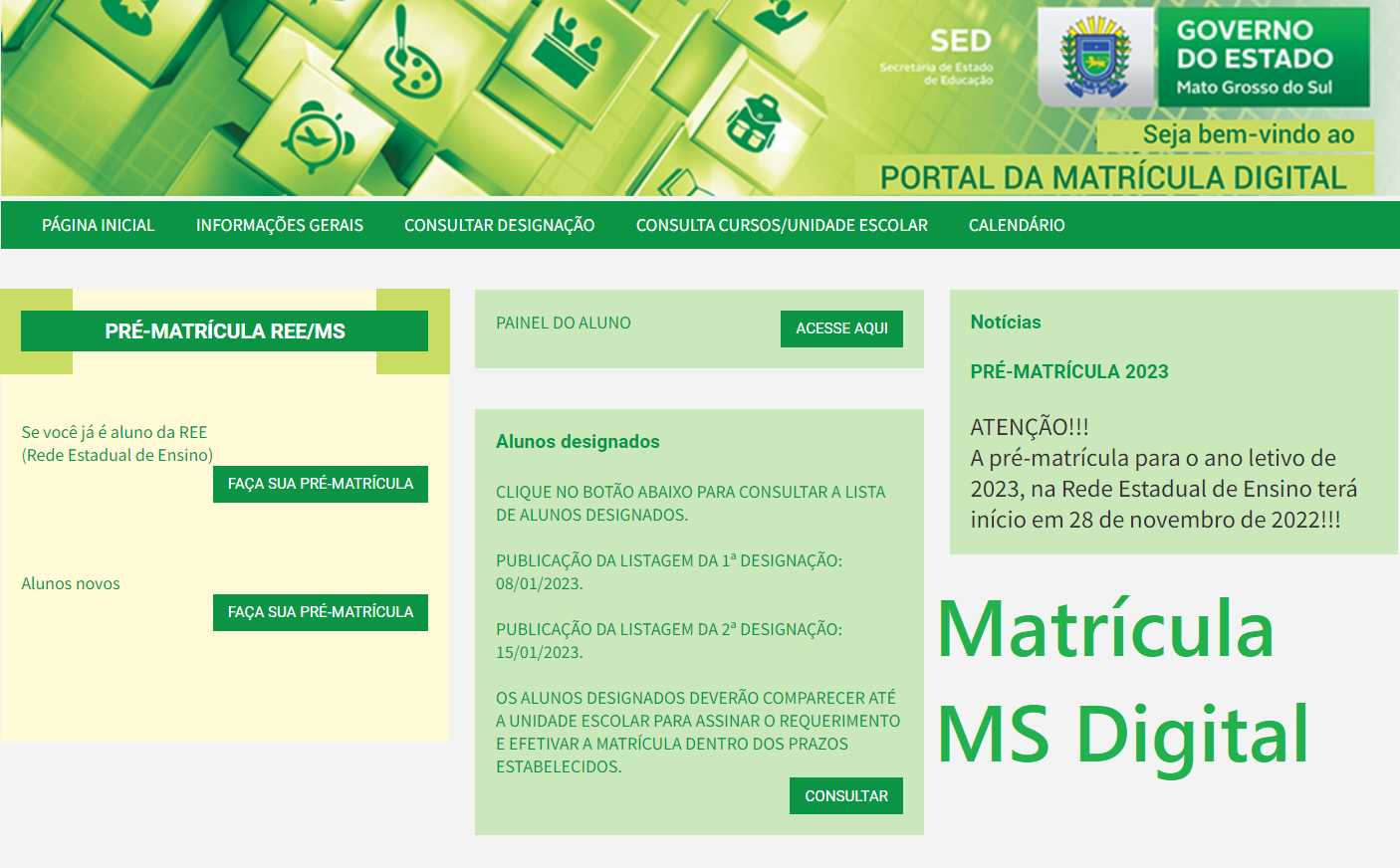 Matrícula MS na rede estadual de ensino 2023 calendário inscrições