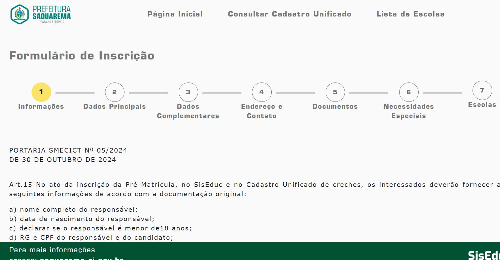 formulário de inscrição online para rede municipal Saquarema