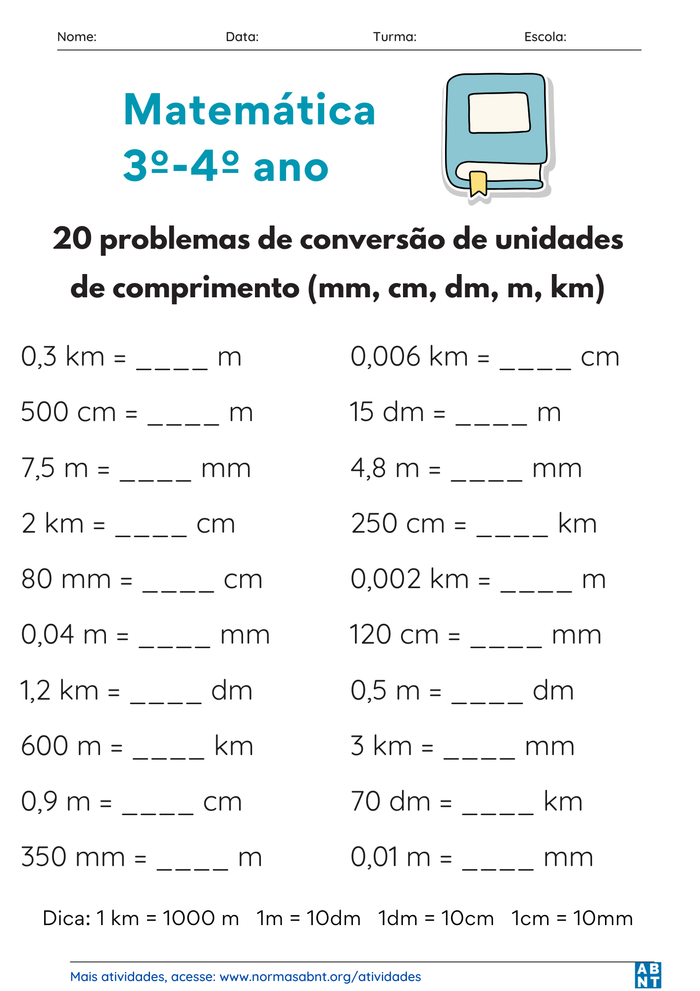 40 problemas de conversão de unidades de comprimento (matemática 3 – 4 ano)