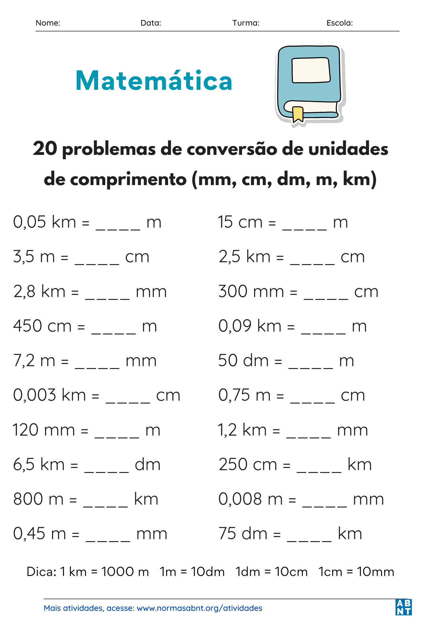 20 problemas de conversão de unidades de comprimento (matemática 3 - 4 ano)