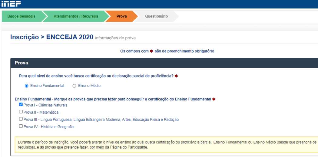 nível da prova, cidade de prova e instituição certificadora