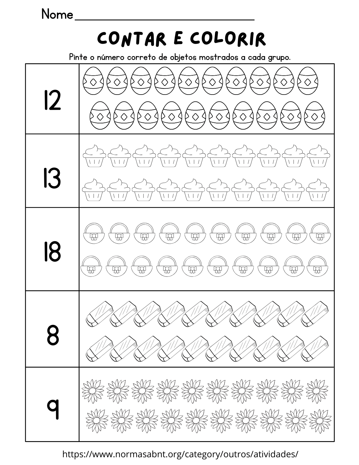 Seis folhas de atividades de números: contar objetos e colorir