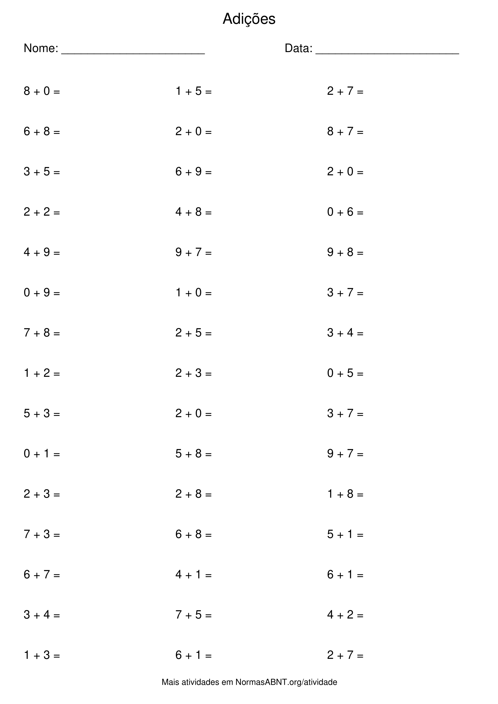 atividade de adições, 45 questões, adição até 20