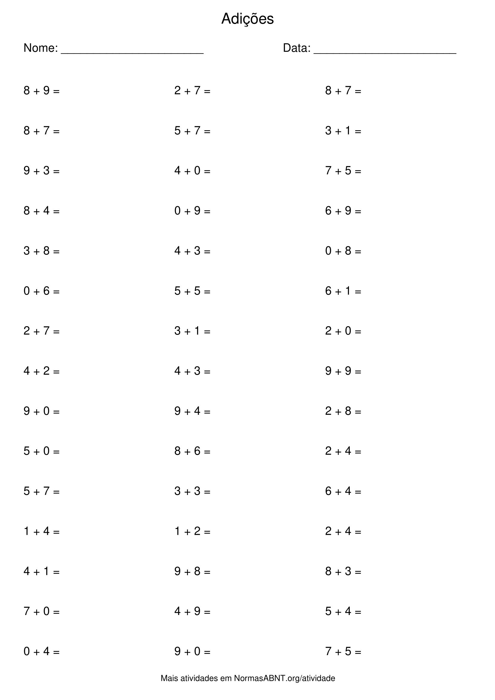 atividade de adições, 45 questões, adição até 20