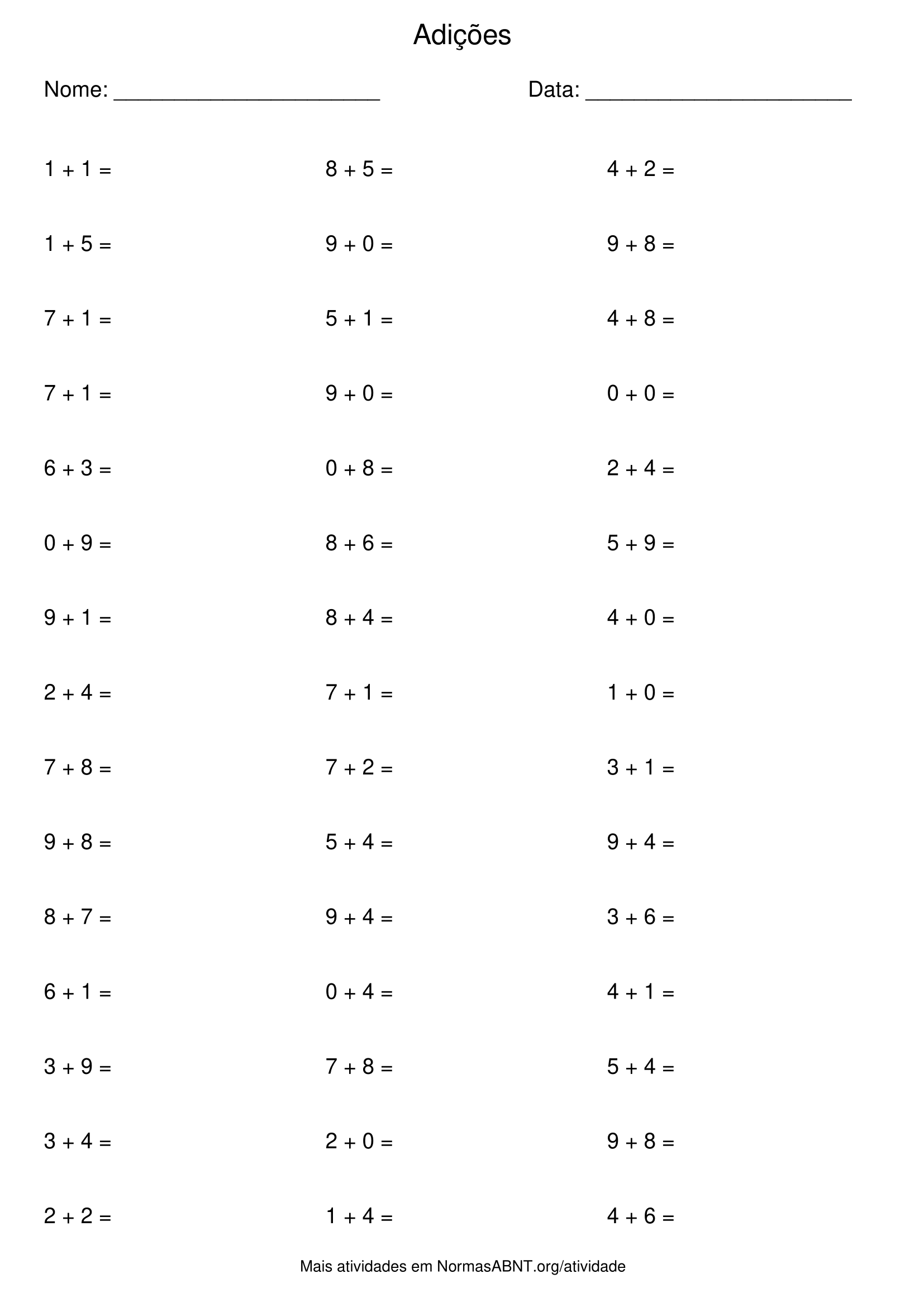 atividade de adições, 45 questões, adição até 20