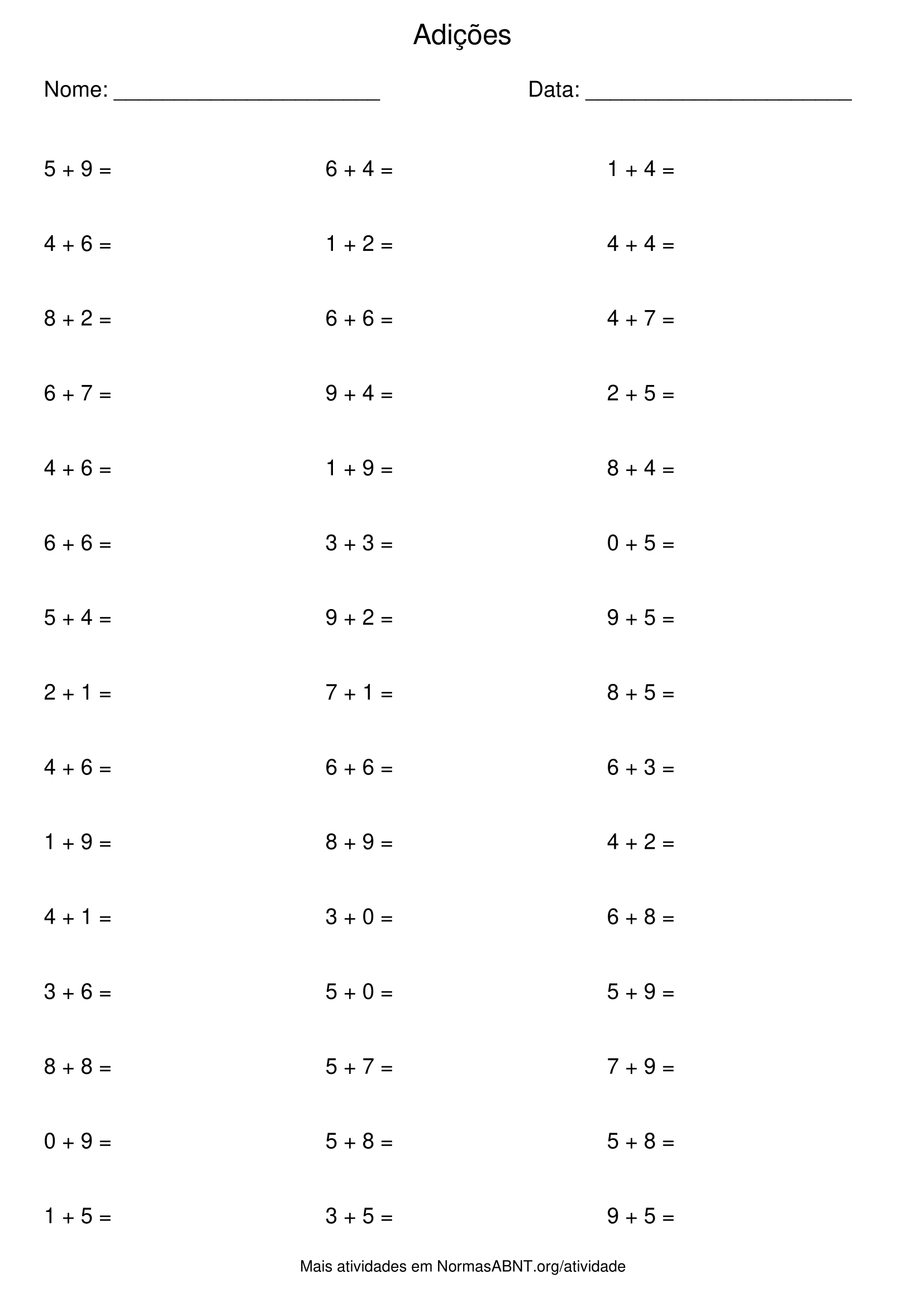 atividade de adições, 45 questões, adição até 20