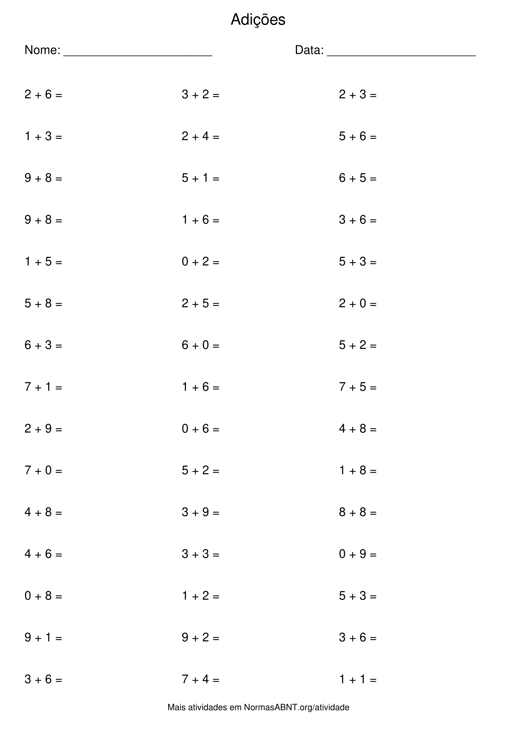 atividade de adições, 45 questões, adição até 20