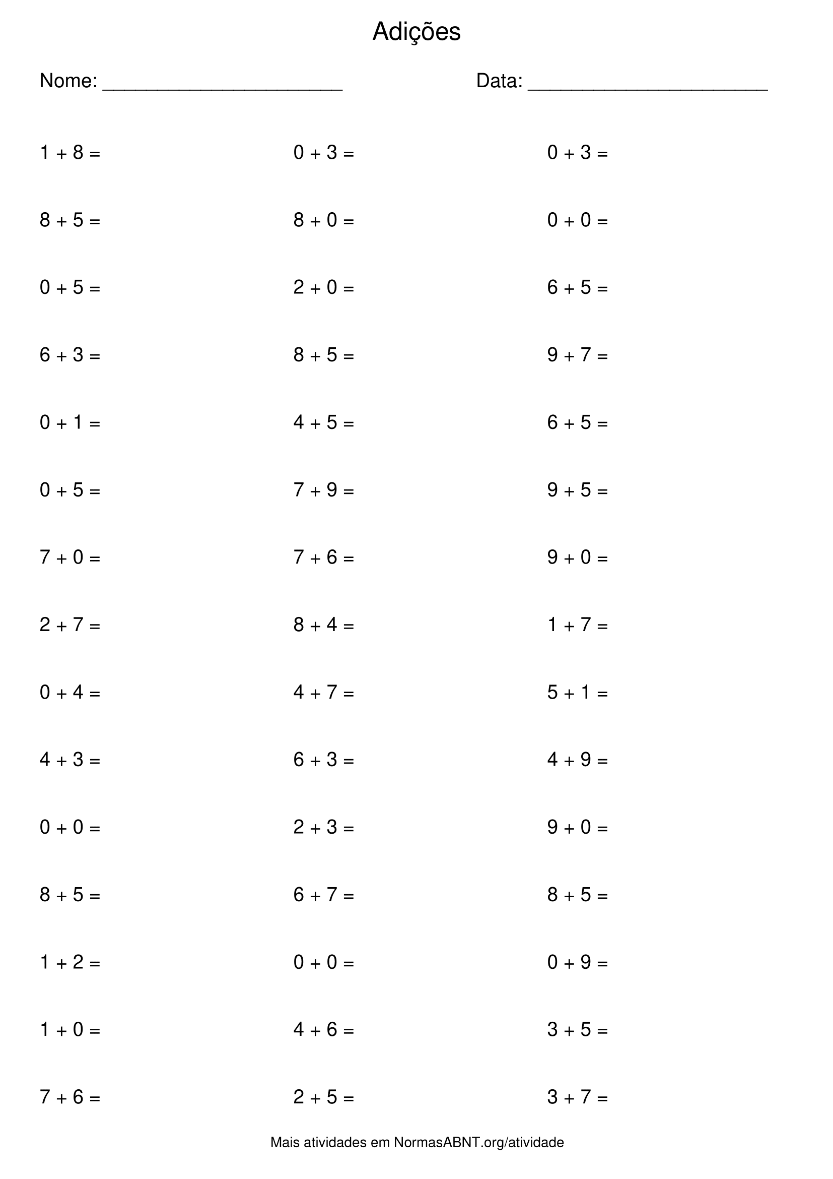 atividade de adições, 45 questões, adição até 20