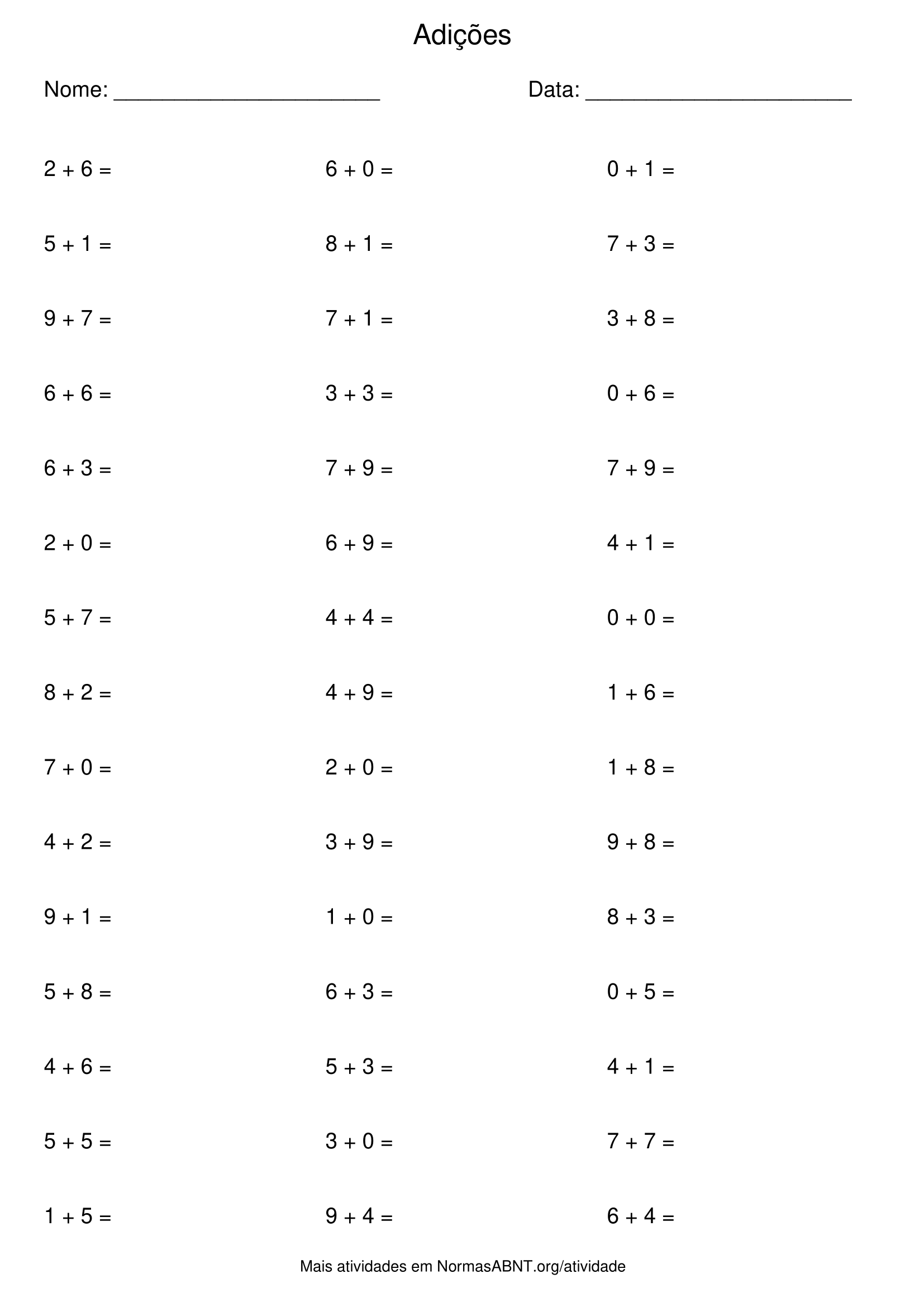 atividade de adições, 45 questões, adição até 20