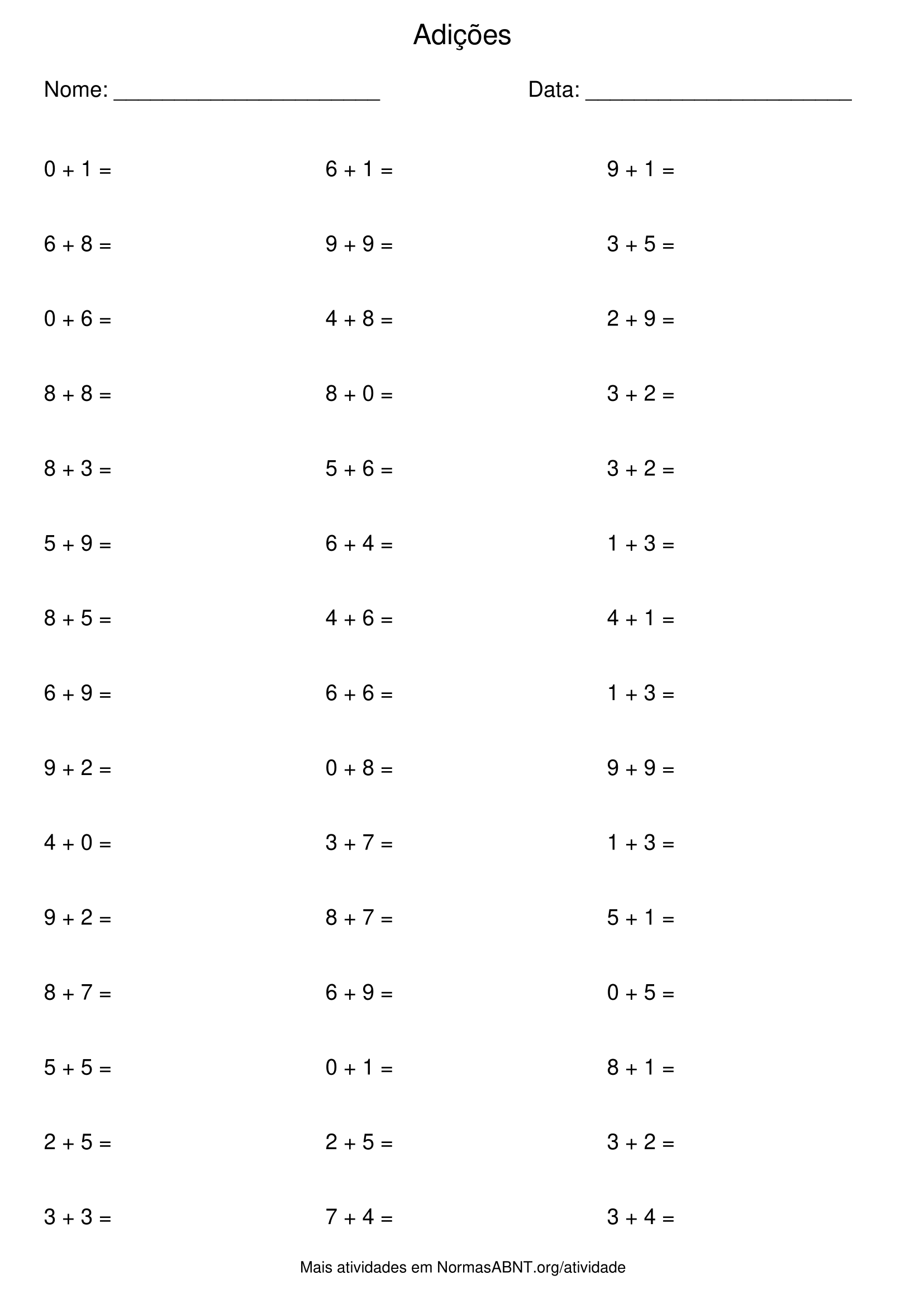 atividade de adições, 45 questões, adição até 20