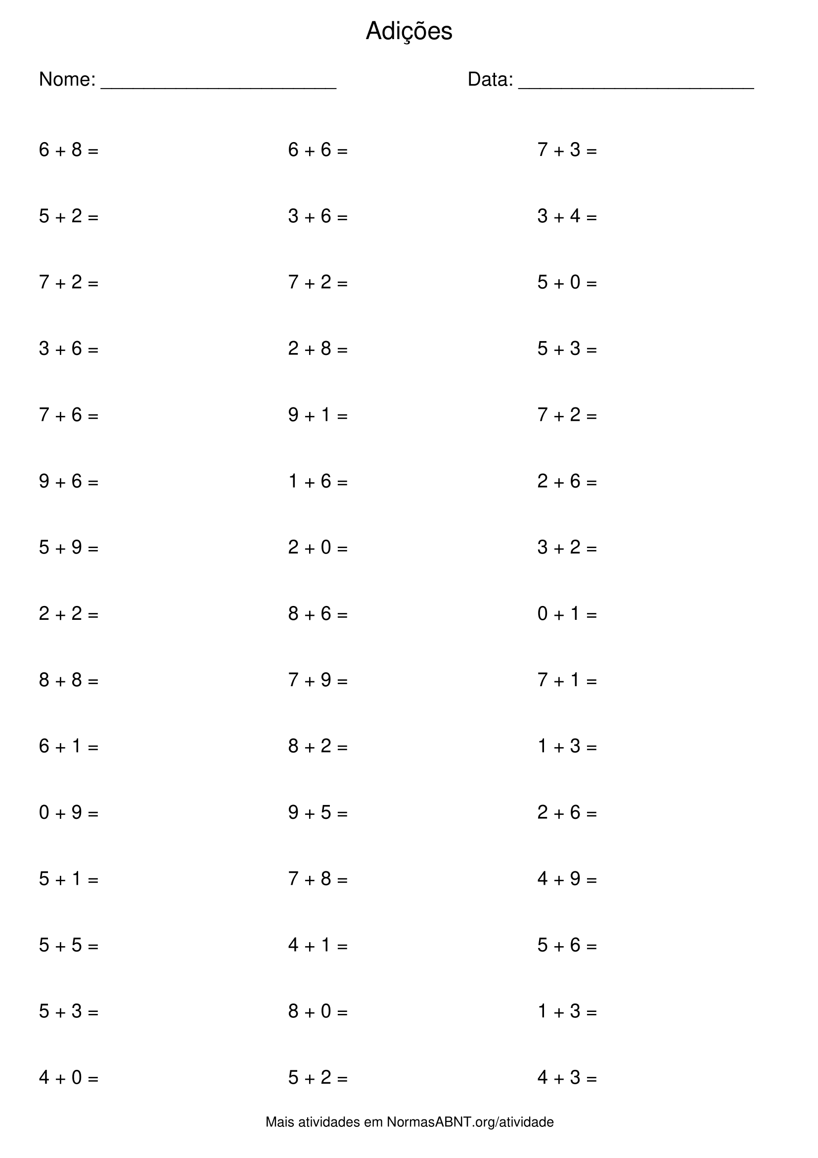 atividade de adições, 45 questões, adição até 20