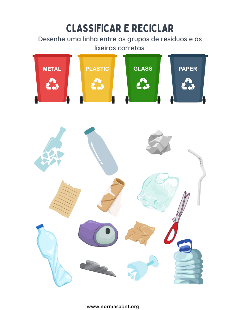 folha de atividade meio ambiente - classificar resíduos para lixeiras corretas