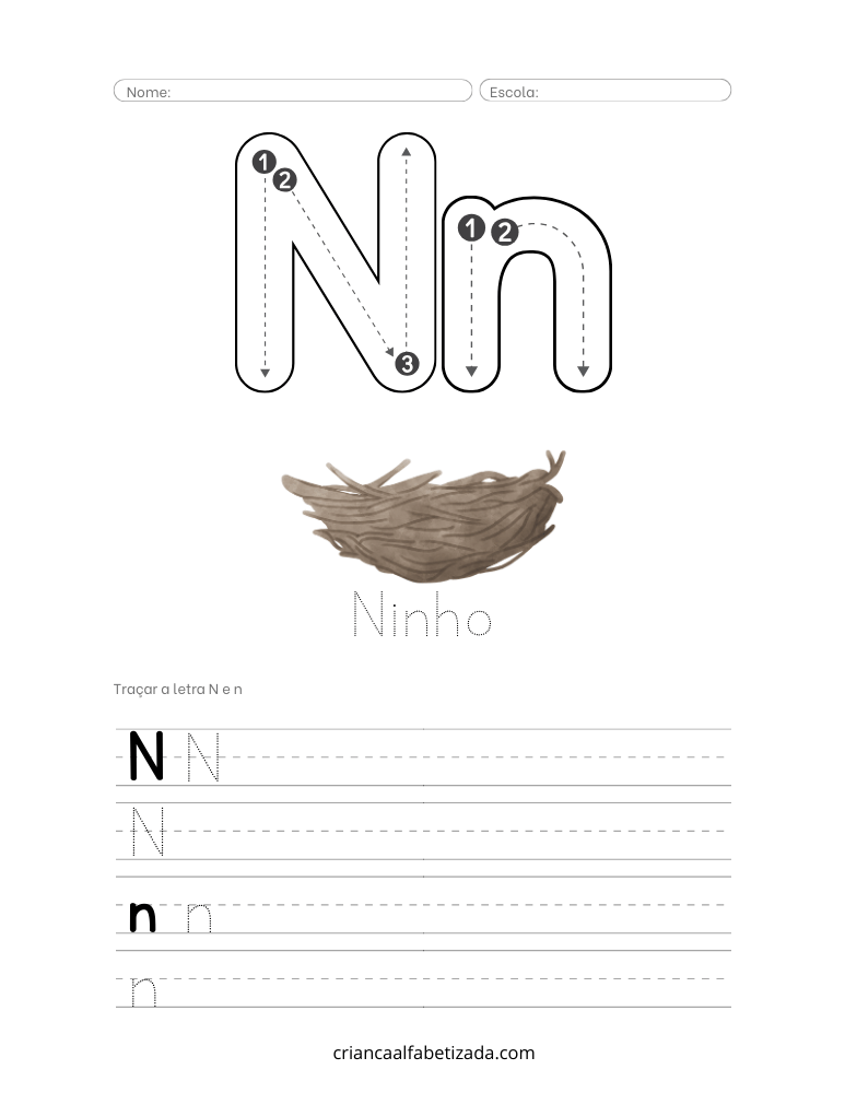 folha de atividade com letra N,n