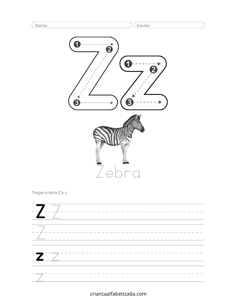 folha de atividade com letra Z,z