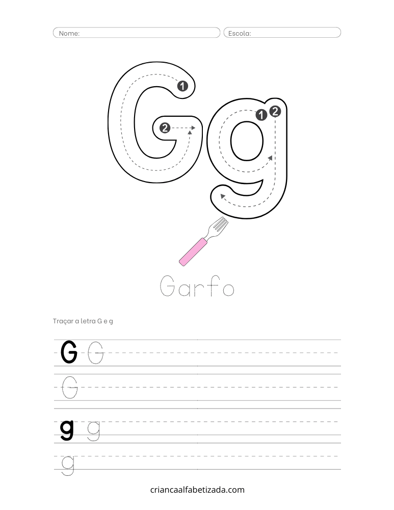 folha de atividade com letra G,g