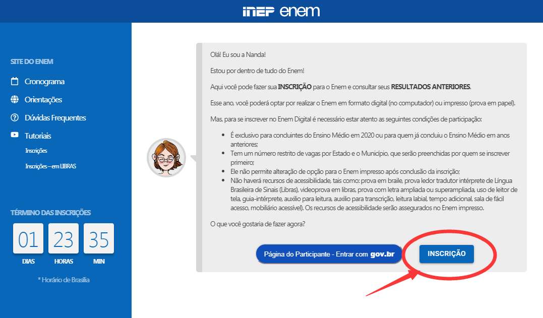 botão Inscrição no site INEP ENEM