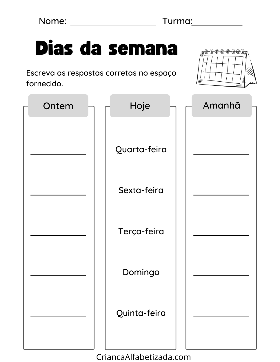 folha de atividades dias da semana