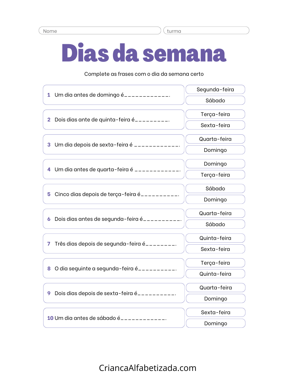 atividades dias da semana