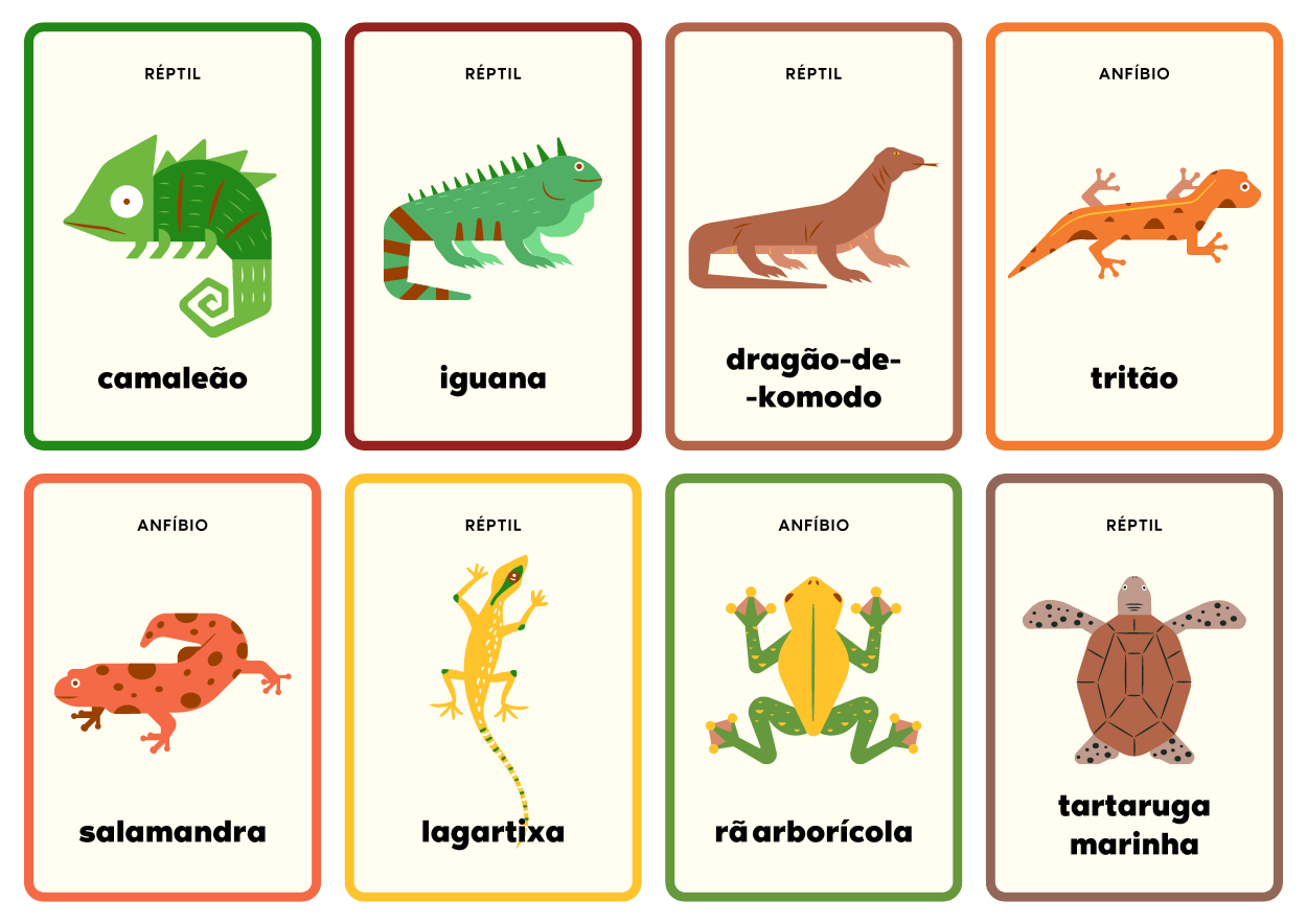 7: Flashcards dos animais: camaleão, iguana, tritão, rã etc