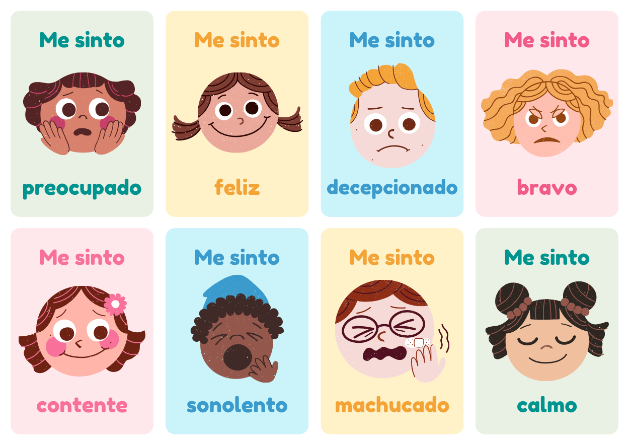 8 flashcards de emoções: preocupado, feliz, decepcionado, bravo, contente, sonolento, machucado, calmo