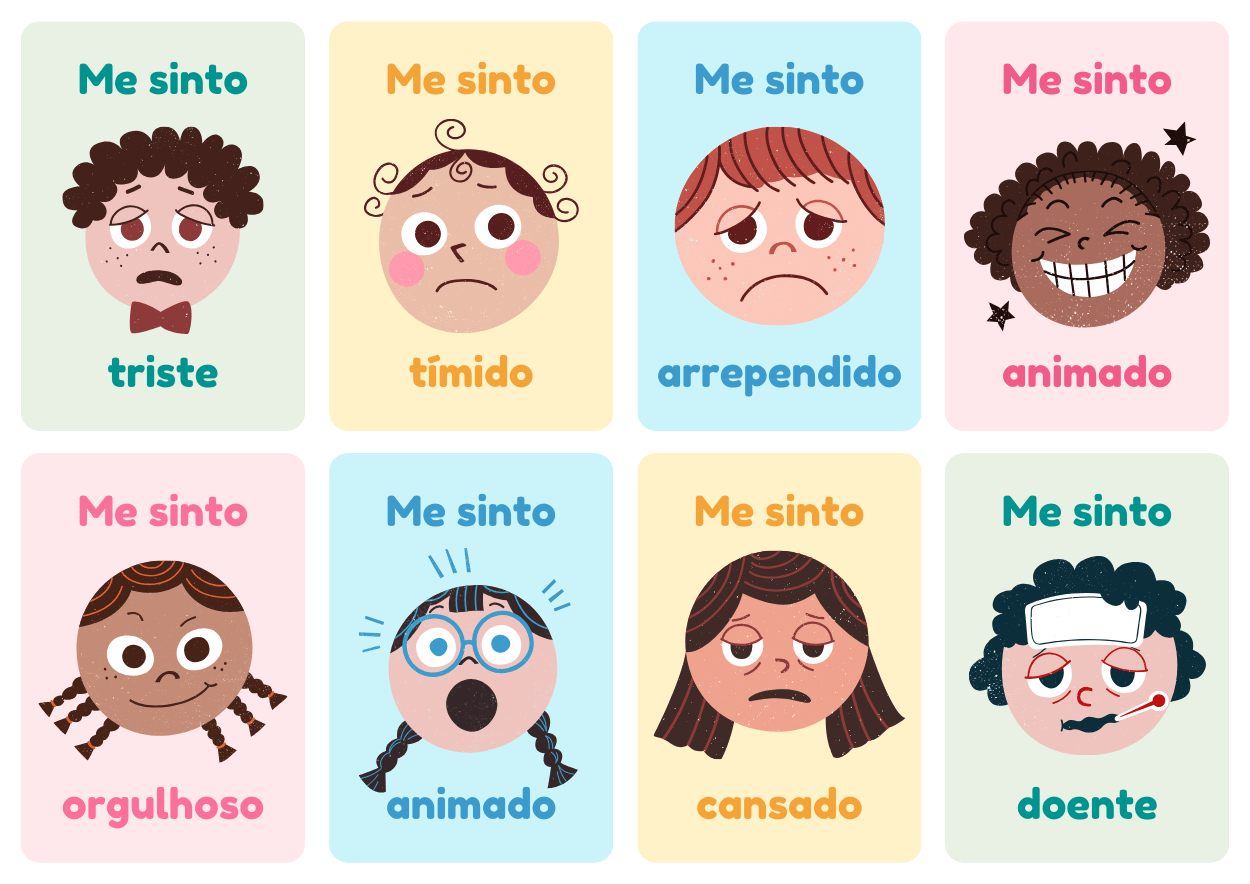 8 flashcards de emoções: triste, tímido, arrependido, animado, orgulhoso, animado, cansado, doente