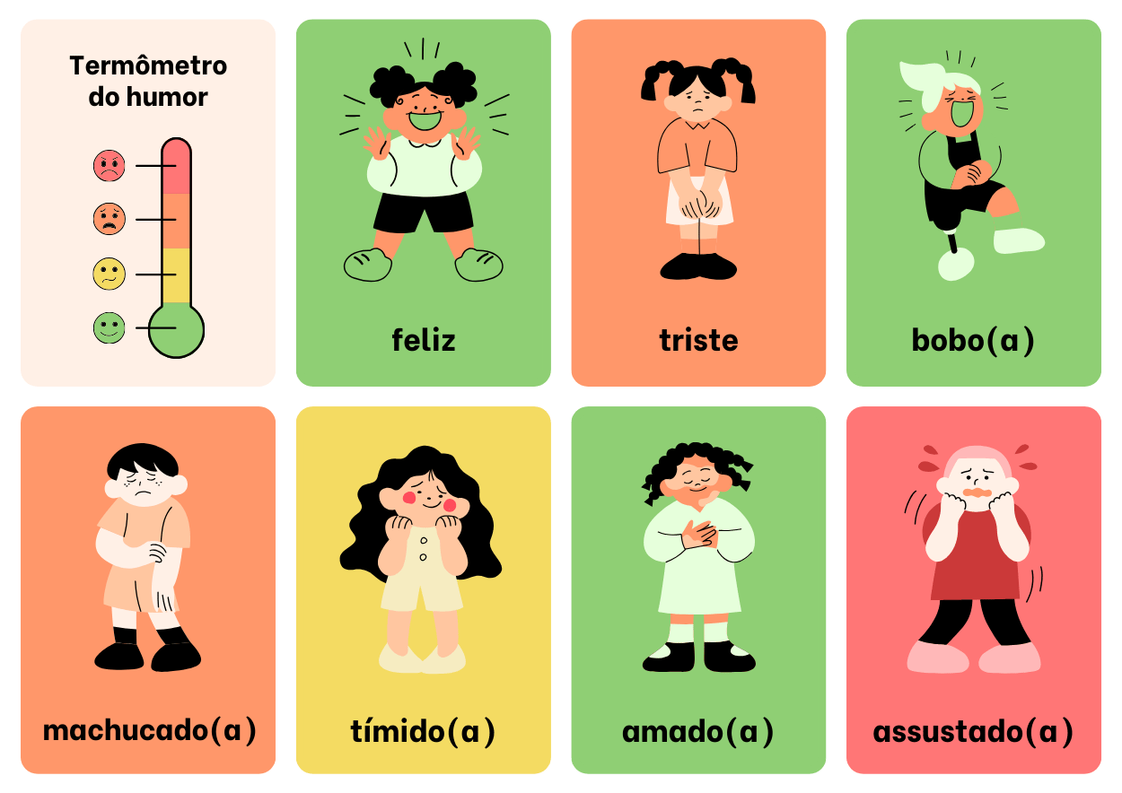 termômetro do humor: feliz, triste, bobo, machucado, tímido, amado, assustado