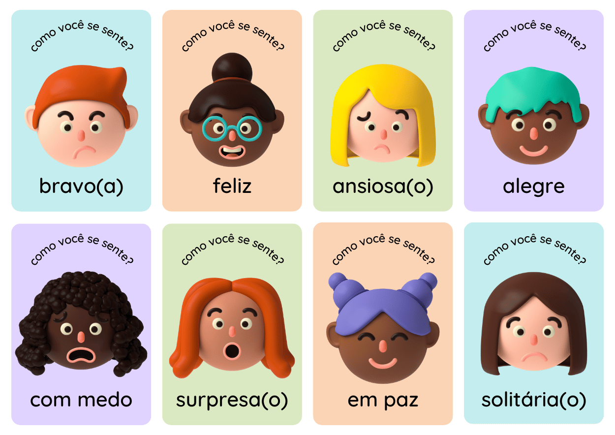 flashcards de emoções: bravo, feliz, ansioso, alegre, com medo, surpreso, em paz, solitária.