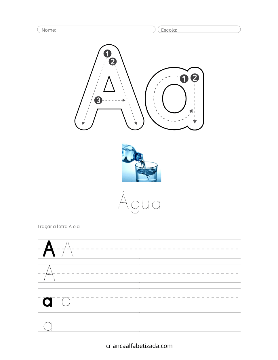A e a em água, pratique caligrafia com letra a