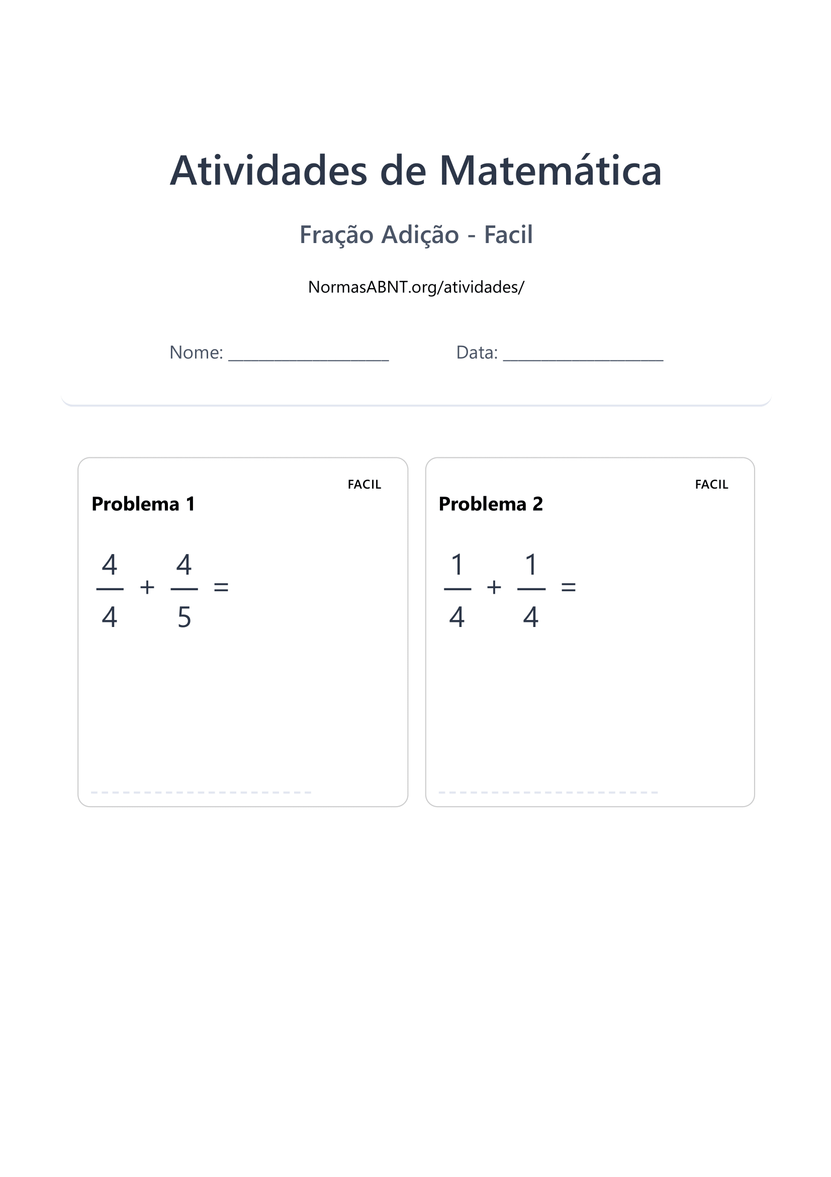 Adição de fração - fácil -página 1