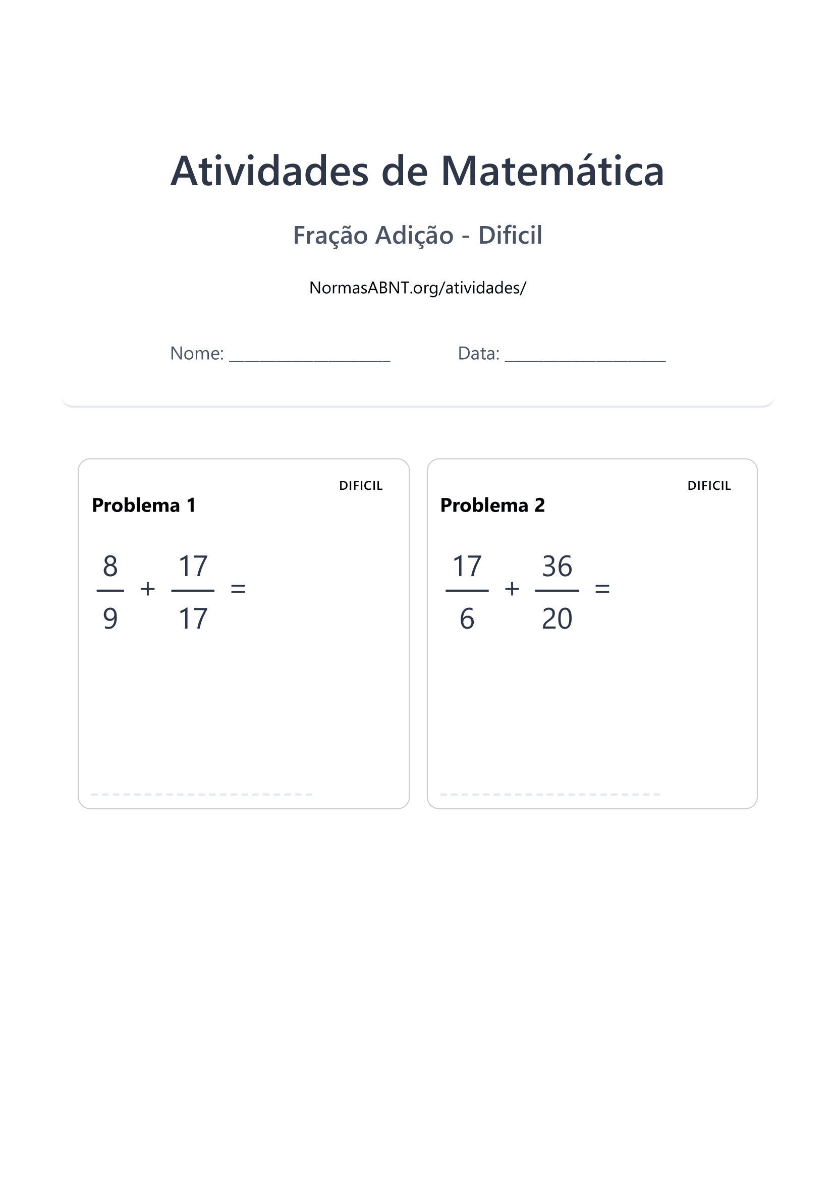 Adição de fração - difícil -página 1