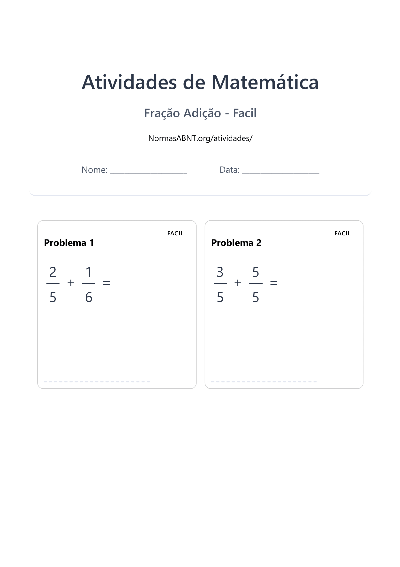 Adição de fração - fácil -página 1