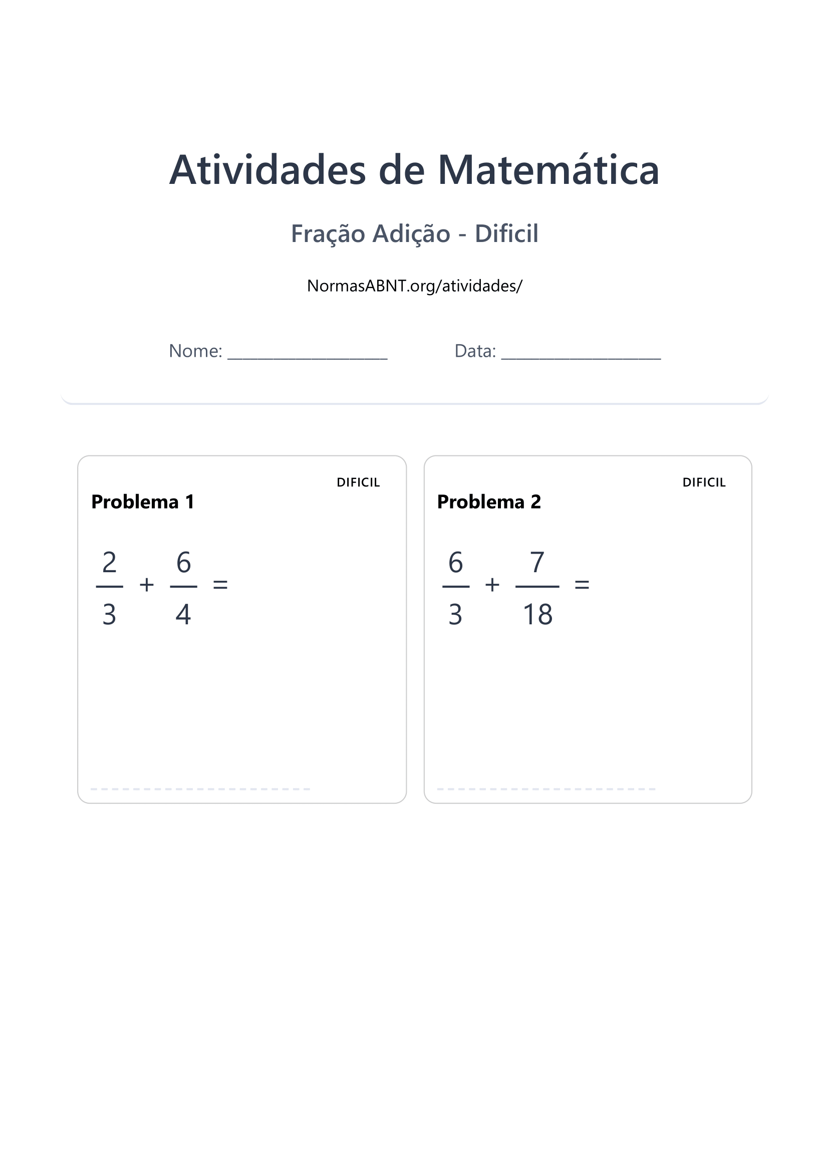 [Adição de Frações] – 60 problemas para resolver