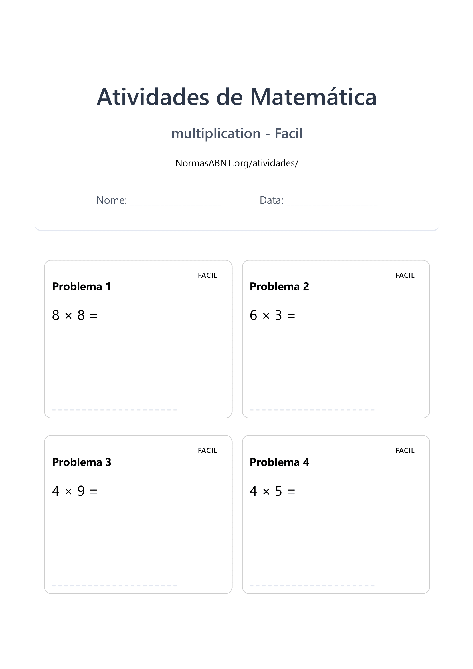 folha de exercícios de multiplicação página 1