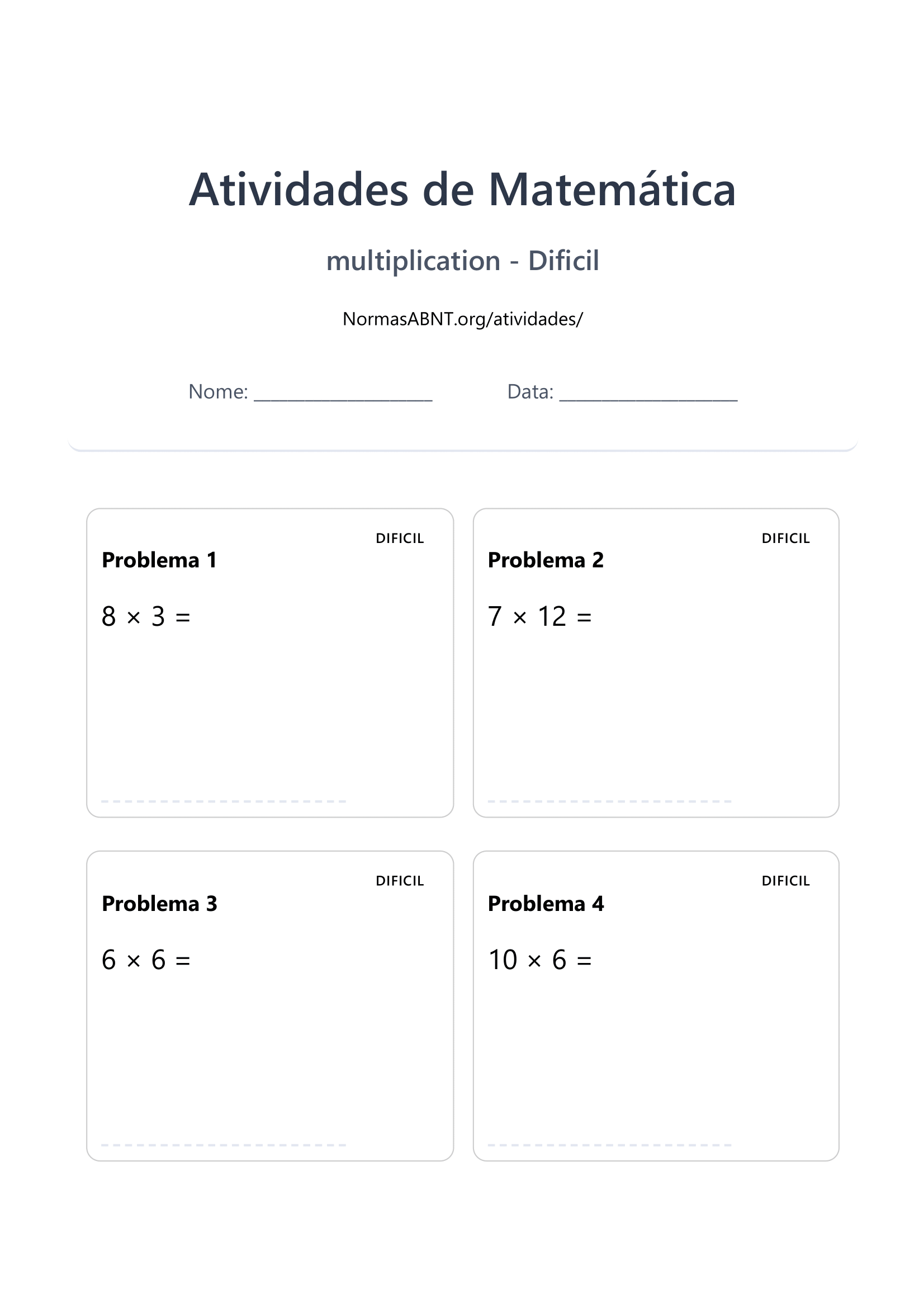 [Matemática – Multiplicação] folhas com 60 problemas aleatórios