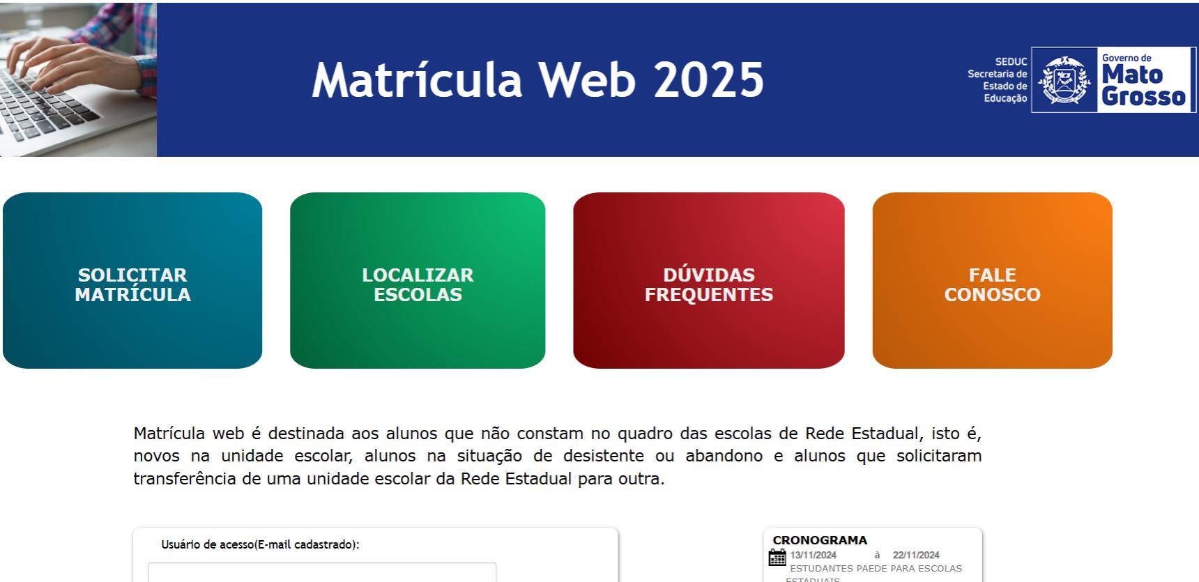 Matrícula Web 2025 – pré-matrículas na rede estadual Mato Grosso, calendário