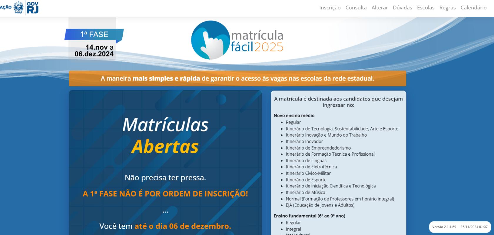 Matrícula Fácil 2025 online para rede estadual de ensino do RJ, calendário, inscrições