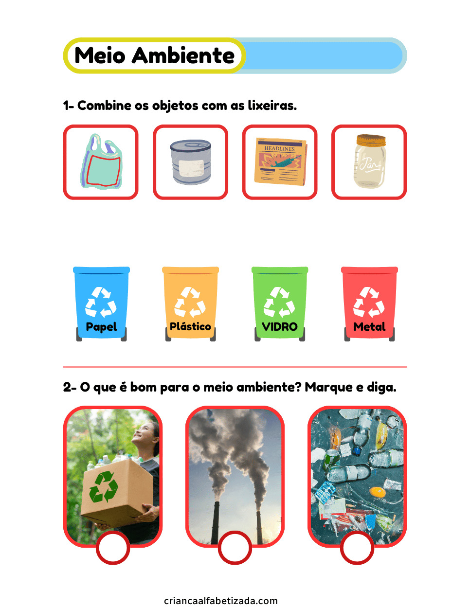 atividade de meio ambiente, combinar os objetos com lixeiras