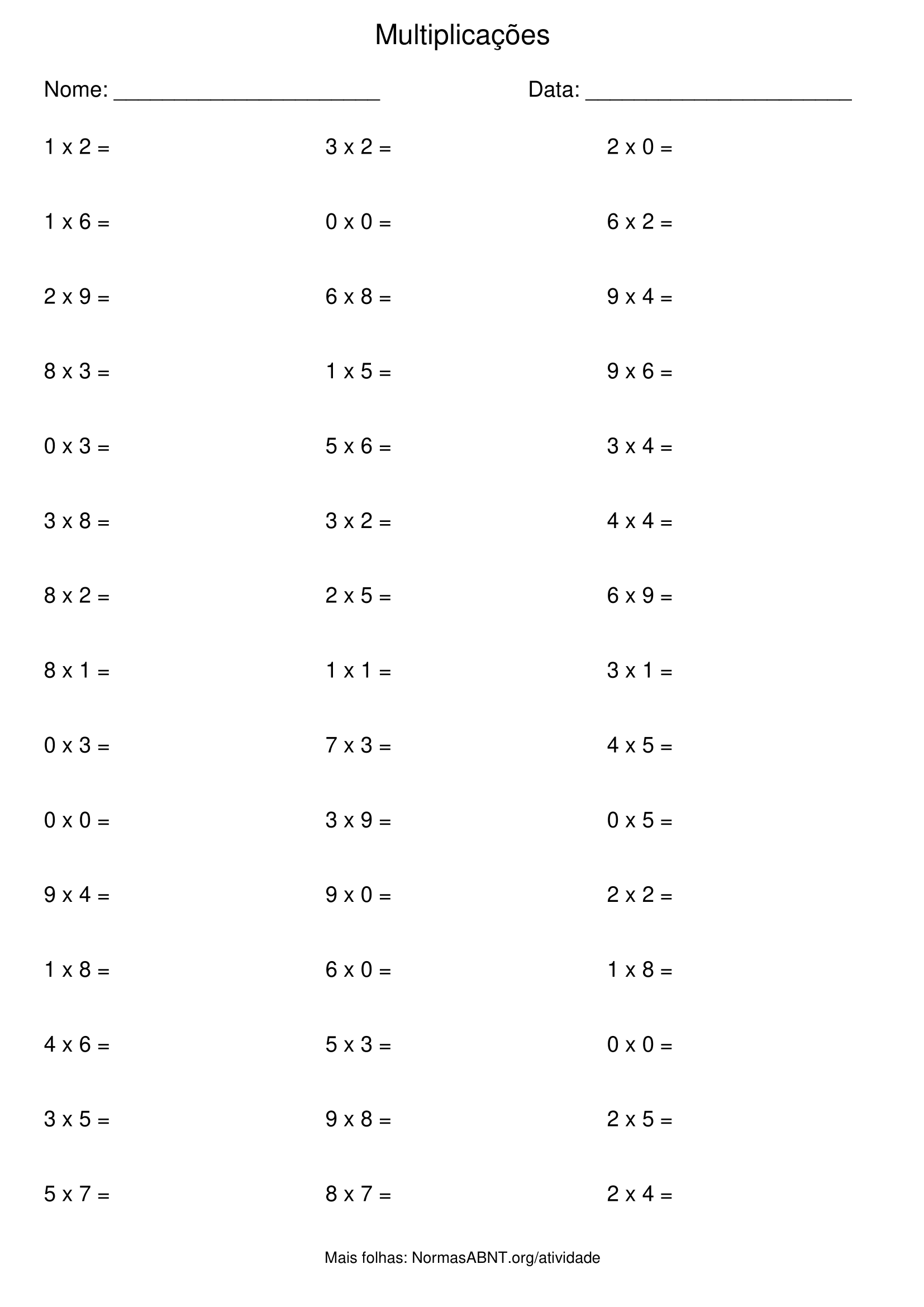 folha de atividade de multiplicação com 45 questões, 3 colunas, 15 linhas, para 2º ano EF