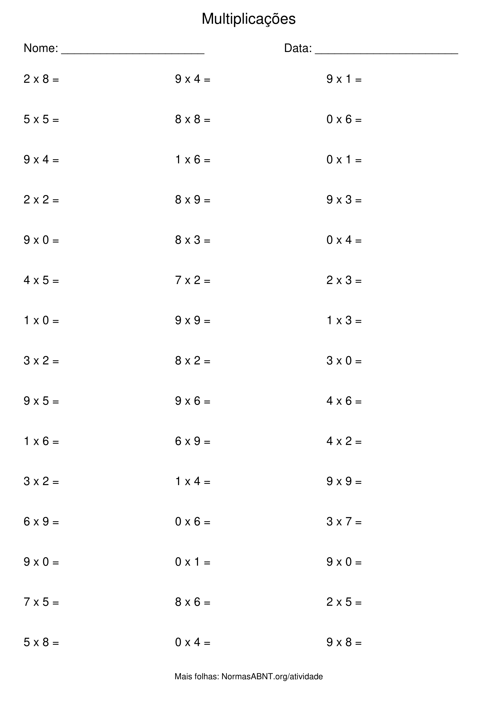 folha de atividade de multiplicação com 45 questões, 3 colunas, 15 linhas, para 2º ano EF