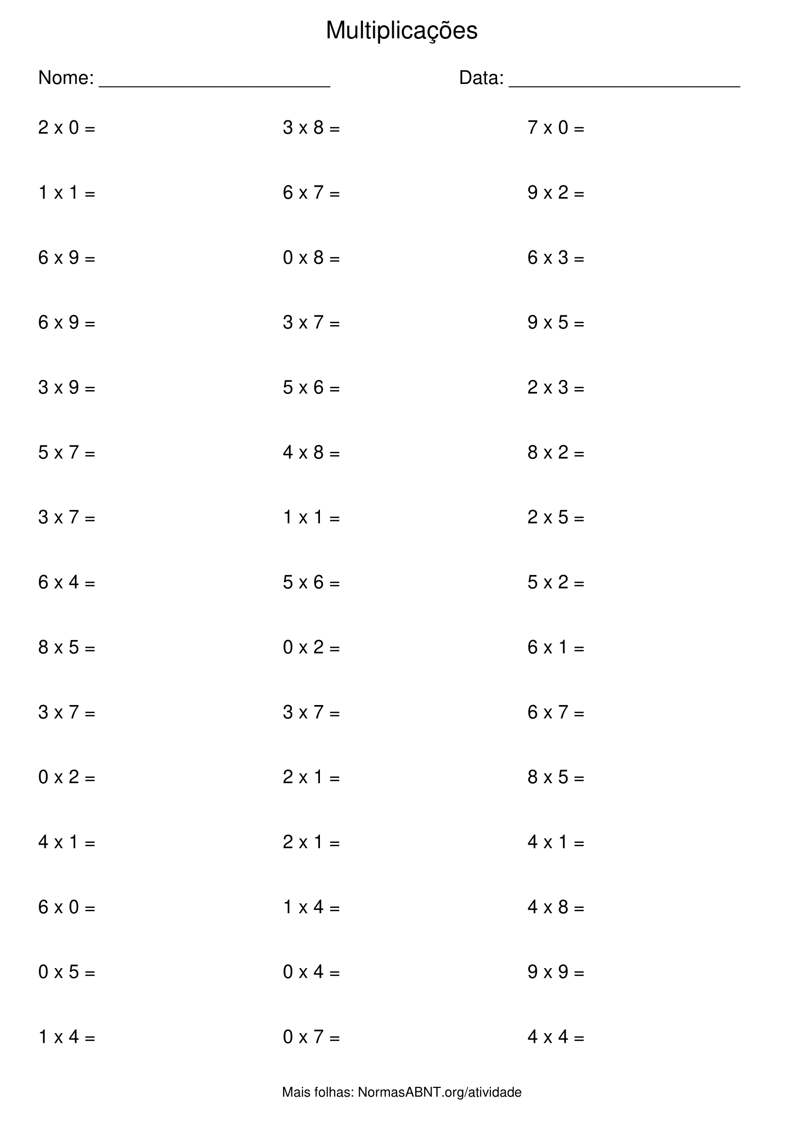 folha de atividade de multiplicação com 45 questões, 3 colunas, 15 linhas, para 2º ano EF