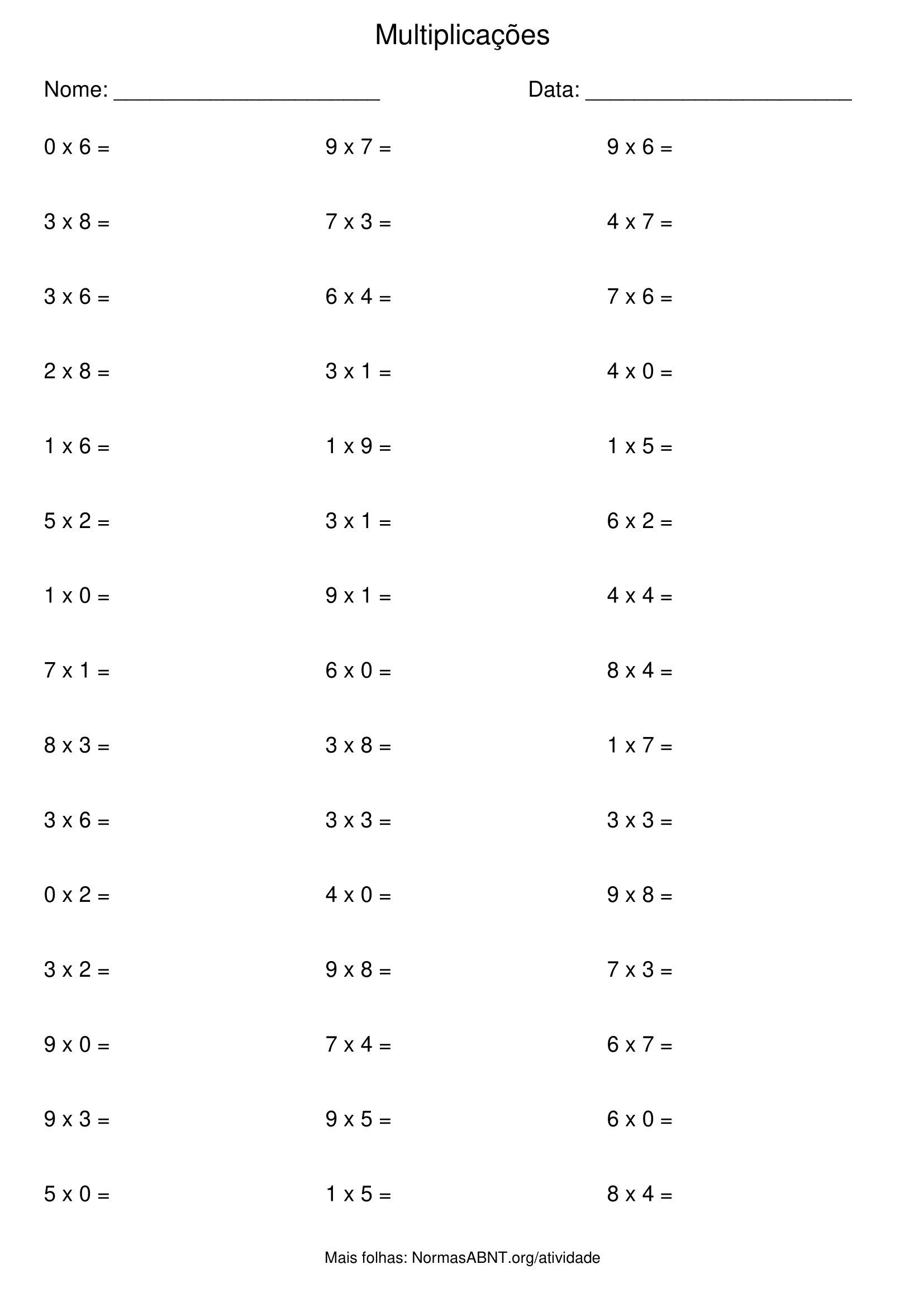 folha de atividade de multiplicação com 45 questões, 3 colunas, 15 linhas, para 2º ano EF