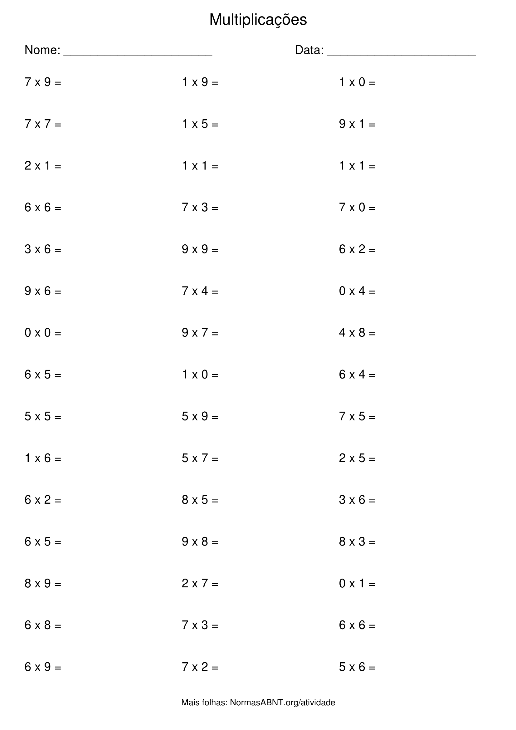 folha de atividade de multiplicação com 45 questões, 3 colunas, 15 linhas, para 2º ano EF