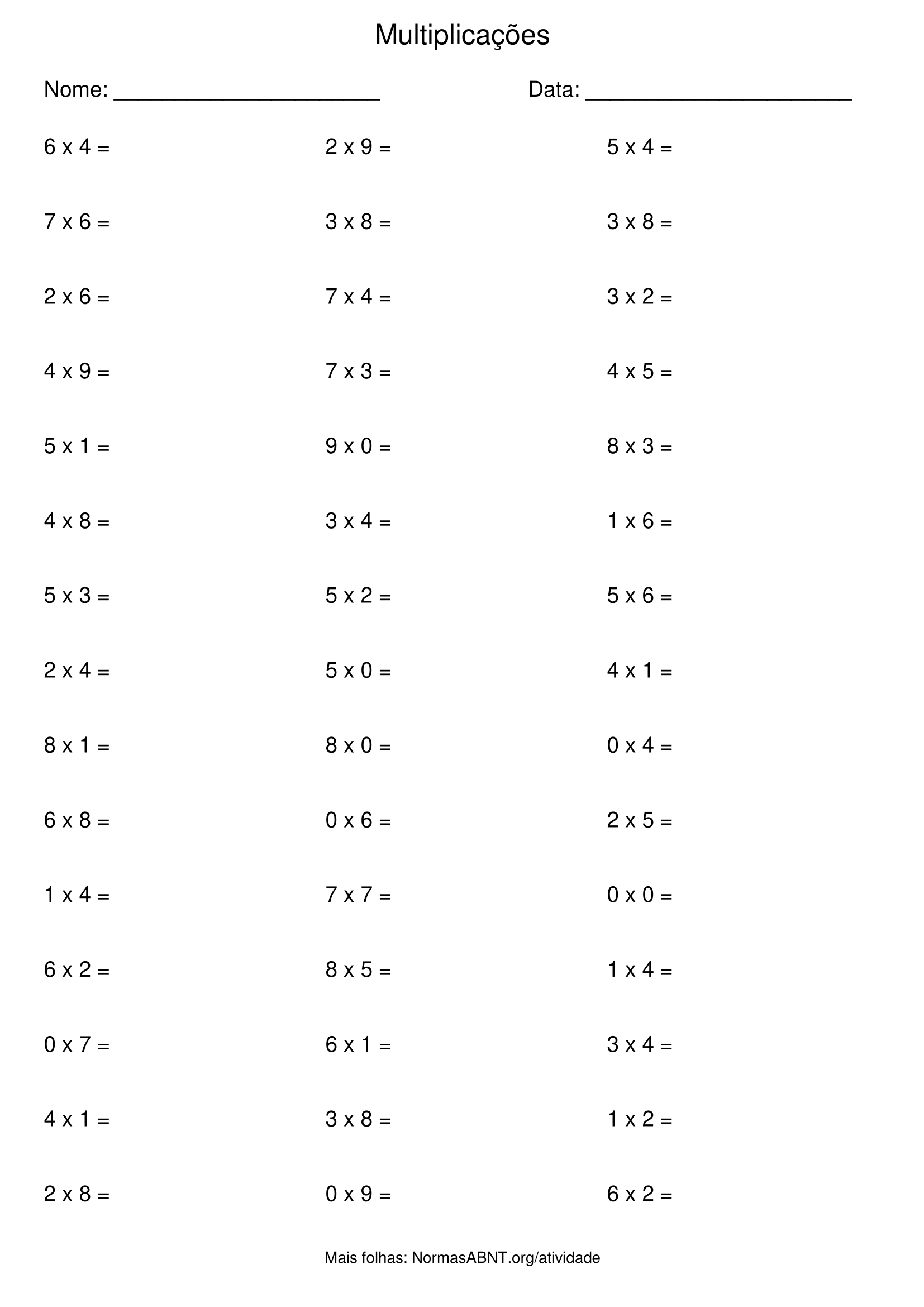 folha de atividade de multiplicação com 45 questões, 3 colunas, 15 linhas, para 2º ano EF