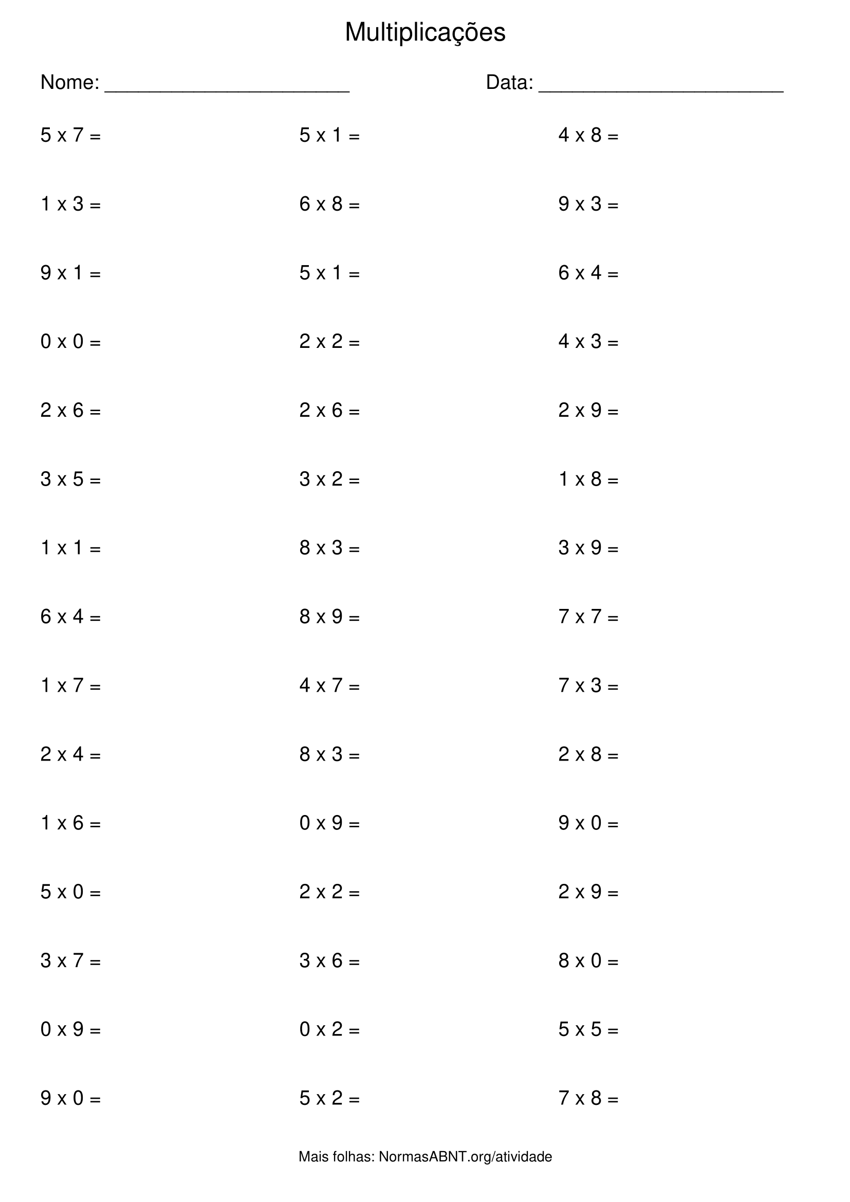 folha de atividade de multiplicação com 45 questões, 3 colunas, 15 linhas, para 2º ano EF