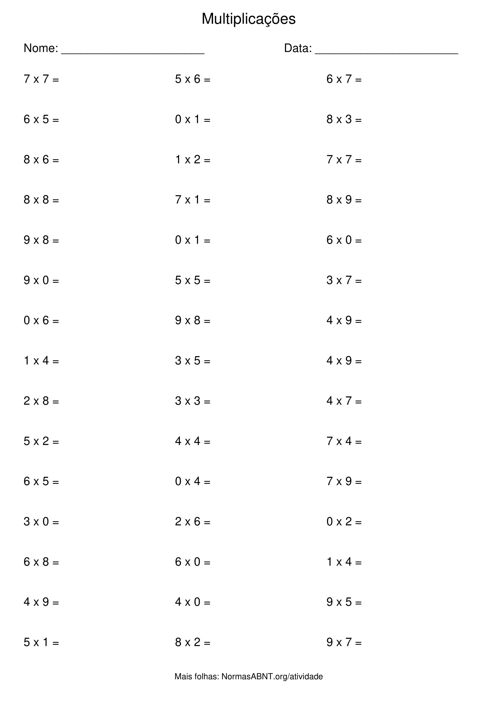 folha de atividade de multiplicação com 45 questões, 3 colunas, 15 linhas, para 2º ano EF