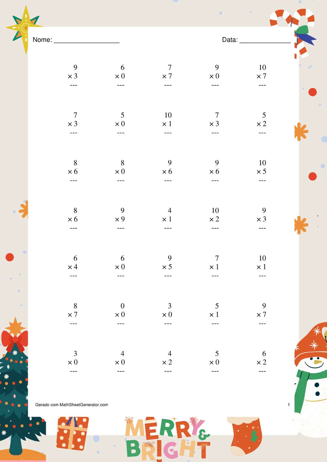 1ª folha com 35 questões de multiplicação 1 - 9, para 2-3 ano EF, com tema natalino