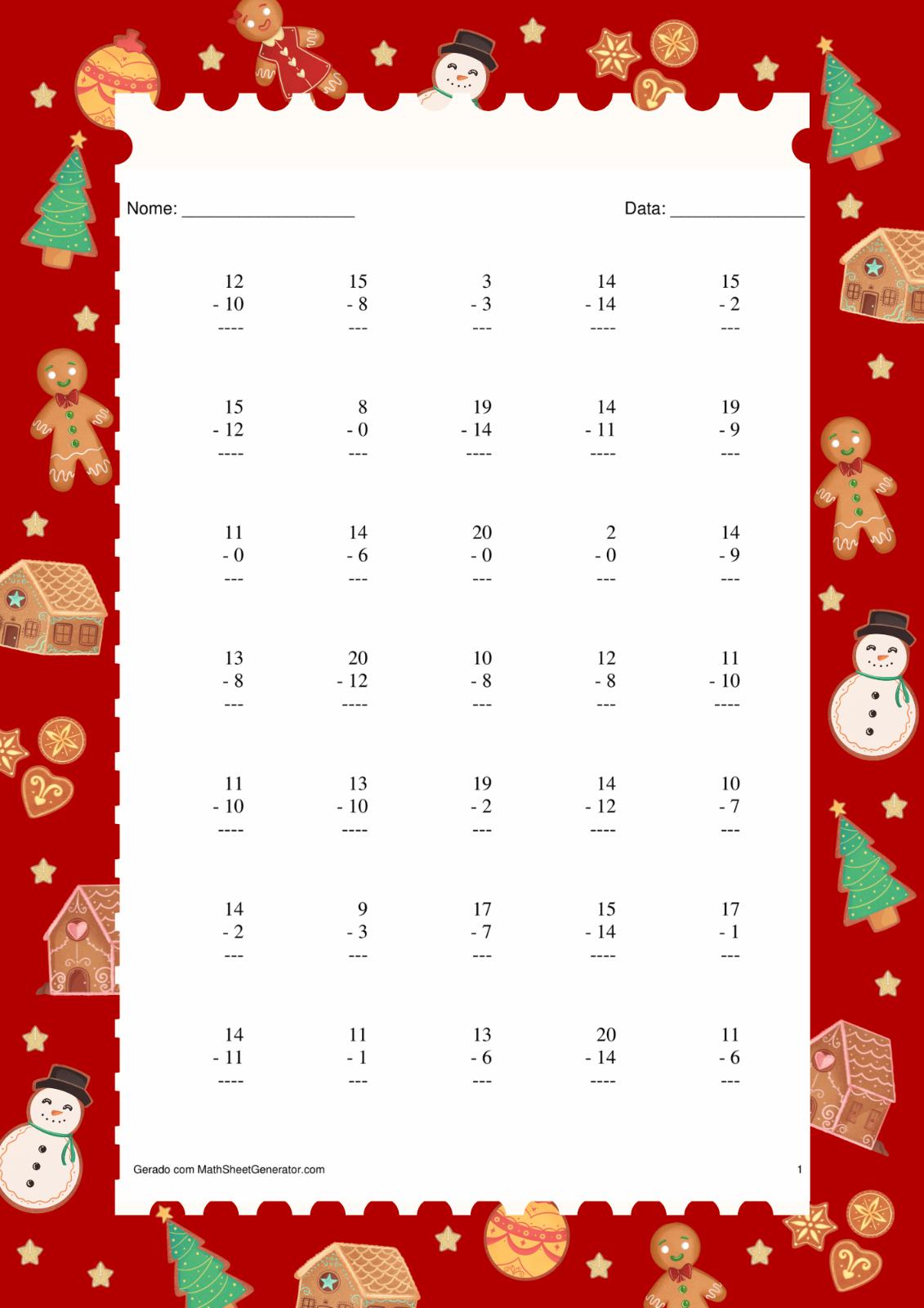 2ª folha com 35 questões de subtração até 20, para 1-2 ano EF, com tema natalino