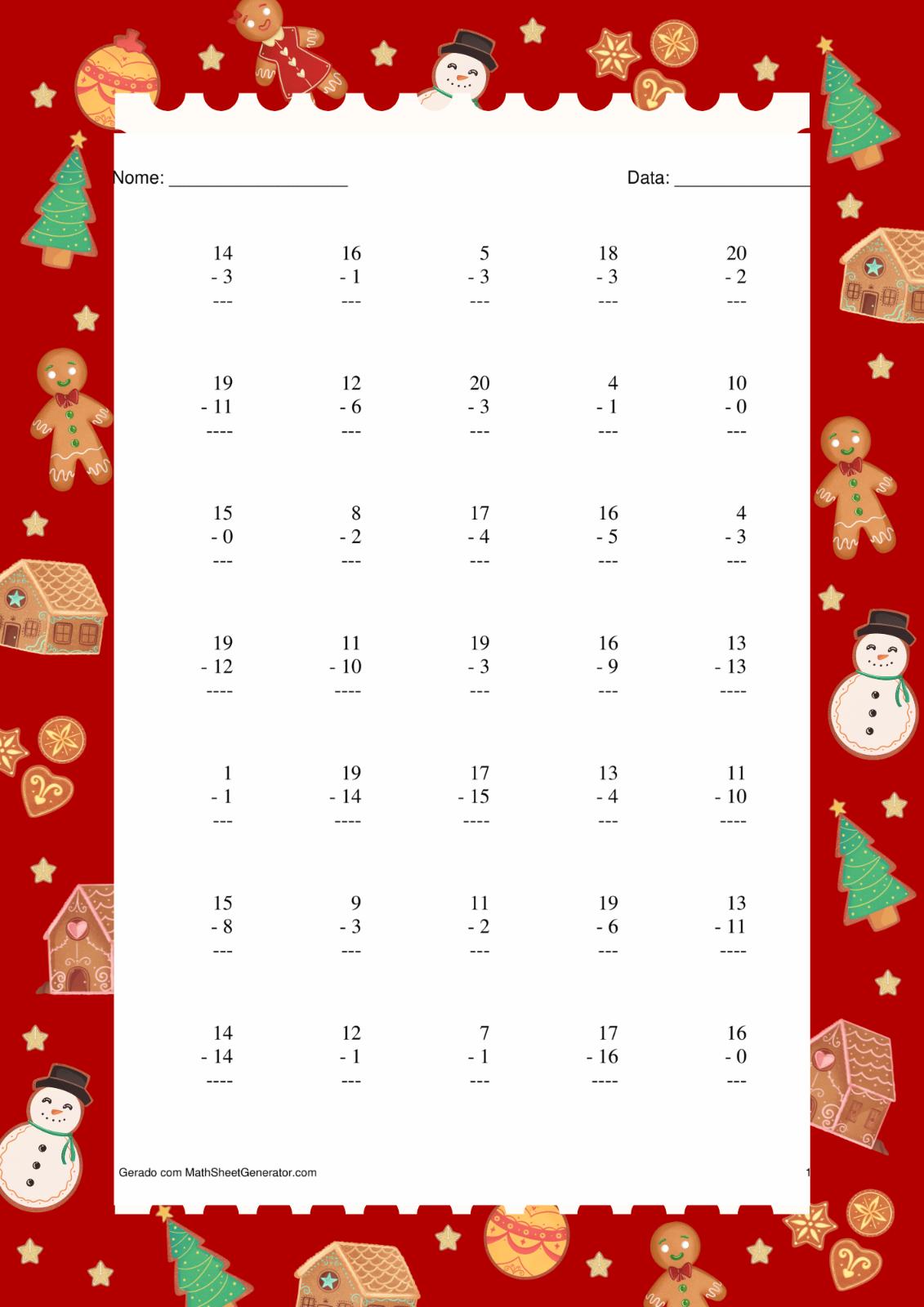 3ª folha com 35 questões de subtração até 20, para 1-2 ano EF, com tema natalino