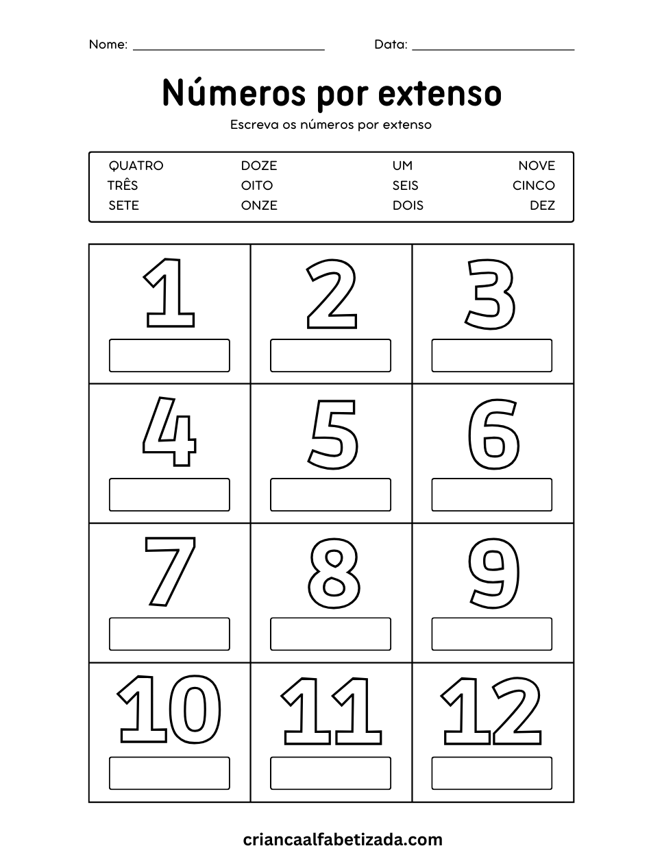 atividade de matemática números por extenso números 1 até 12