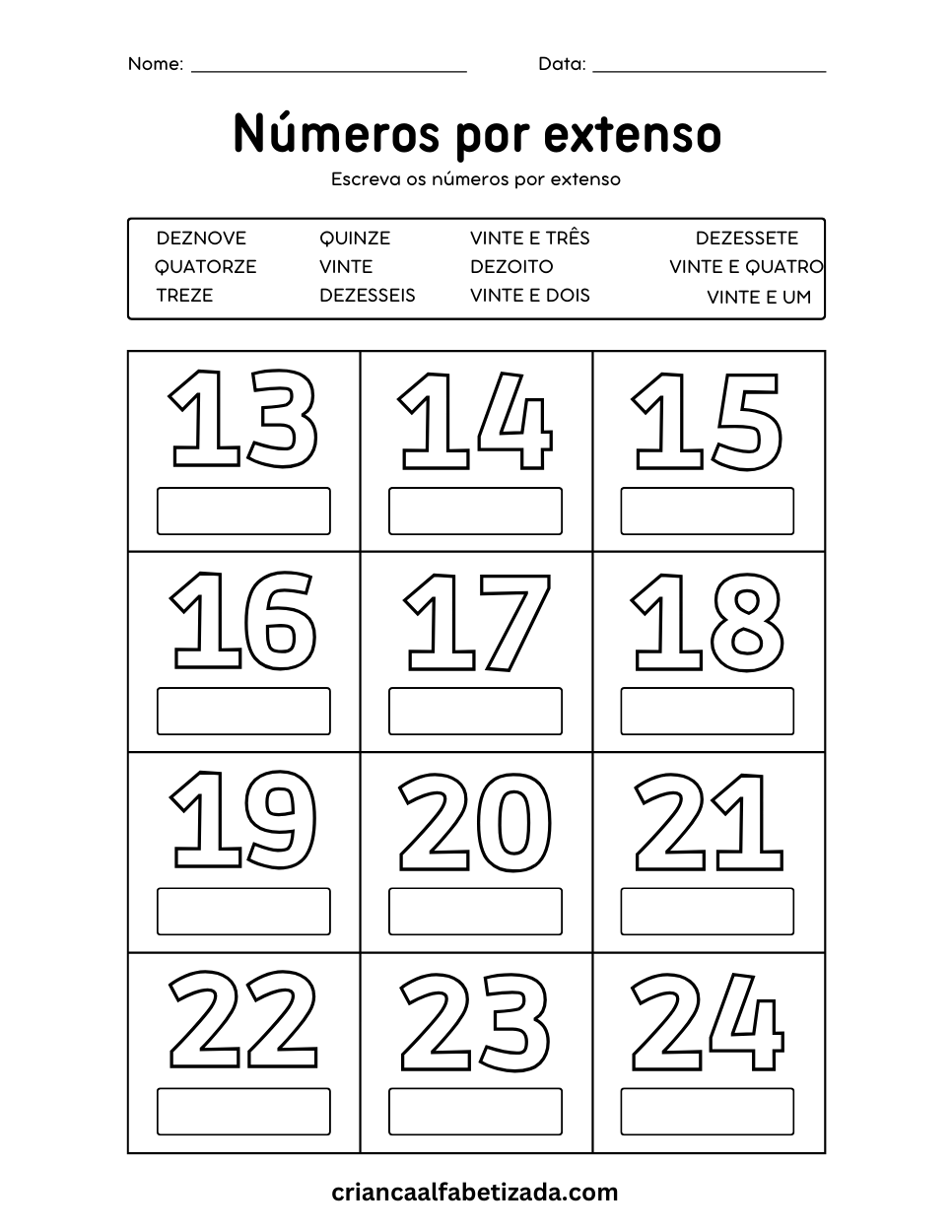 atividade de matemática números por extenso 13 a 24
